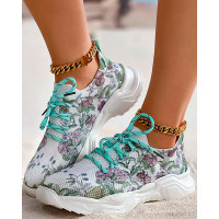 Floral Plants Print Breathable Lace-up Sports Sneakers - Multicolor
