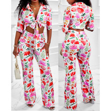 Floral Plants Print Knotted Top & Pants Set - Multicolor