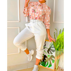 Floral Polka Dot Print Tied Detail Top & Pants Set - pink