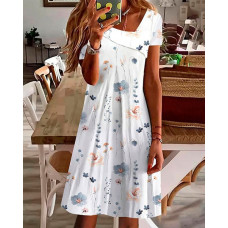 Floral Print Asymmetrical Neck Casual Dress - white