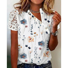 Floral Print Asymmetrical Neck Lace Patch Top - white