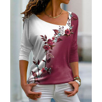 Floral Print Asymmetrical Neck Long Sleeve Top - purple