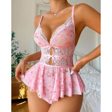 Floral Print Backless Bowknot Decor Ruched Lace Teddy - pink