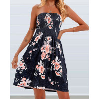 Floral Print Bandeau Shirred Casual Dress - Dark grey