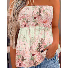 Floral Print Bandeau Shirred Tank Top - pink