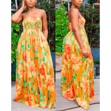 Floral Print Bandeau Shirred Wide Leg Jumpsuit - yellow