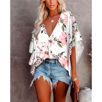 Floral Print Batwing Sleeve Button Front Top - white