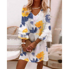 Floral Print Bell Sleeve Casual Dress - blue