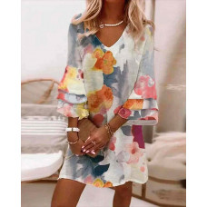 Floral Print Bell Sleeve Casual Dress - Multicolor