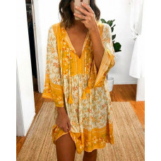 Floral Print Bell Sleeve Casual Dress - yellow