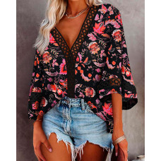 Floral Print Bell Sleeve Lace Trim Top - black