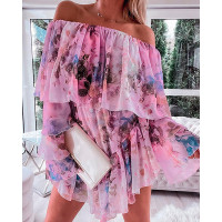 Floral Print Bell Sleeve Layered Ruffles Mini Dress - pink