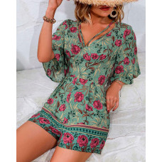 Floral Print Bell Sleeve V-Neck Romper - green