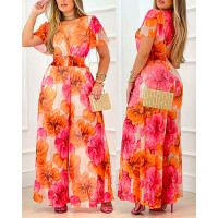 Floral Print Bell Sleeve Wide Leg Jumpsuit - pink