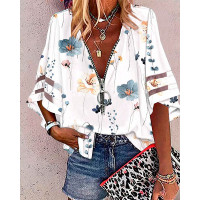 Floral Print Bell Sleeve Zip Front Top - white