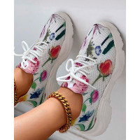 Floral Print Breathable Lace-up Sports Sneakers - Multicolor