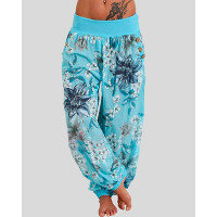 Floral Print Button Decor Low Waist Pants - sky blue