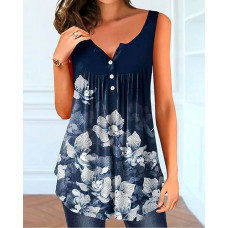 Floral Print Button Front Flowy Tank Top - purplish blue