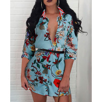 Floral Print Button Front Shirt Dress - sky blue