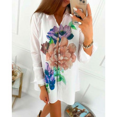 Floral Print Button Front Shirt Dress - white