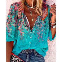 Floral Print Button Front Top - blue