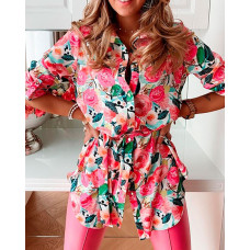 Floral Print Button Tie Front Half Sleeve Shirt Dress - pink