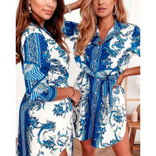 Floral Print Button Up Belted Shirt Dress - blue