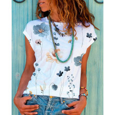 Floral Print Cap Sleeve Casual T-shirt - white