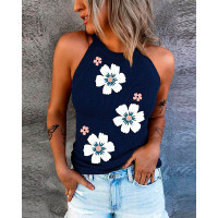 Floral Print Casual Tank Top - purplish blue