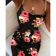 Floral Print Chain Decor Bodycon Dress - black