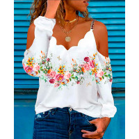 Floral Print Chain Decor Cold Shoulder Top - white