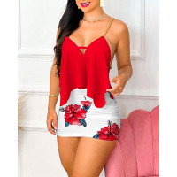 Floral Print Chain Decor Crisscross Backless Top & Skirt Set - red