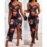 Floral Print Chain Decor Cutout High Slit Dress - black