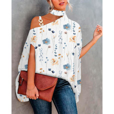 Floral Print Chain Strap Batwing Sleeve Top - white