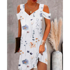 Floral Print Cold Shoulder Casual Dress - white