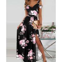 Floral Print Cold Shoulder High Slit Maxi Dress - black