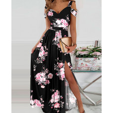 Floral Print Cold Shoulder High Slit Maxi Dress - black