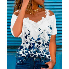 Floral Print Cold Shoulder Lace Patch Top - blue