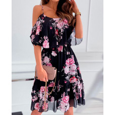 Floral Print Cold Shoulder Ruffle Hem Chiffon Dress - black