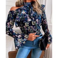 Floral Print Cold Shoulder Ruffles Hem Bell Sleeve Blouse - Multicolor