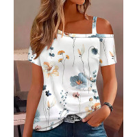 Floral Print Cold Shoulder T-shirt - white