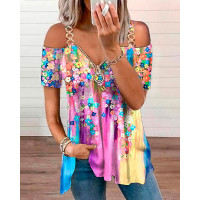 Floral Print Cold Shoulder Zip Front Top - Multicolor