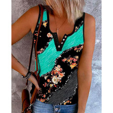 Floral Print Colorblock Buttoned Tank Top - green