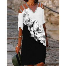 Floral Print Colorblock Cold Shoulder Casual Dress - style1