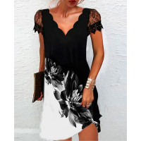 Floral Print Colorblock Contrast Lace Casual Dress - black