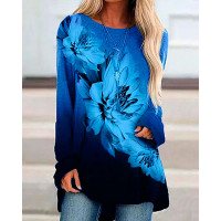 Floral Print Colorblock Long Sleeve Top - blue