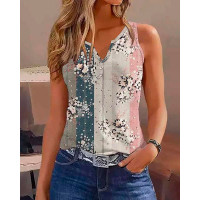 Floral Print Colorblock Notch Neck Tank Top - Multicolor