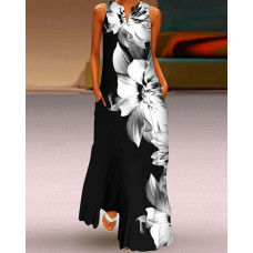 Floral Print Colorblock Sleeveless Maxi Dress - blackwhite