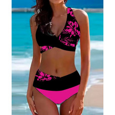 Floral Print Colorblock V-Neck Crisscross Bikini Set - hot pink