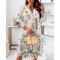 Floral Print Contrast Lace Bell Sleeve Casual Dress - light gray